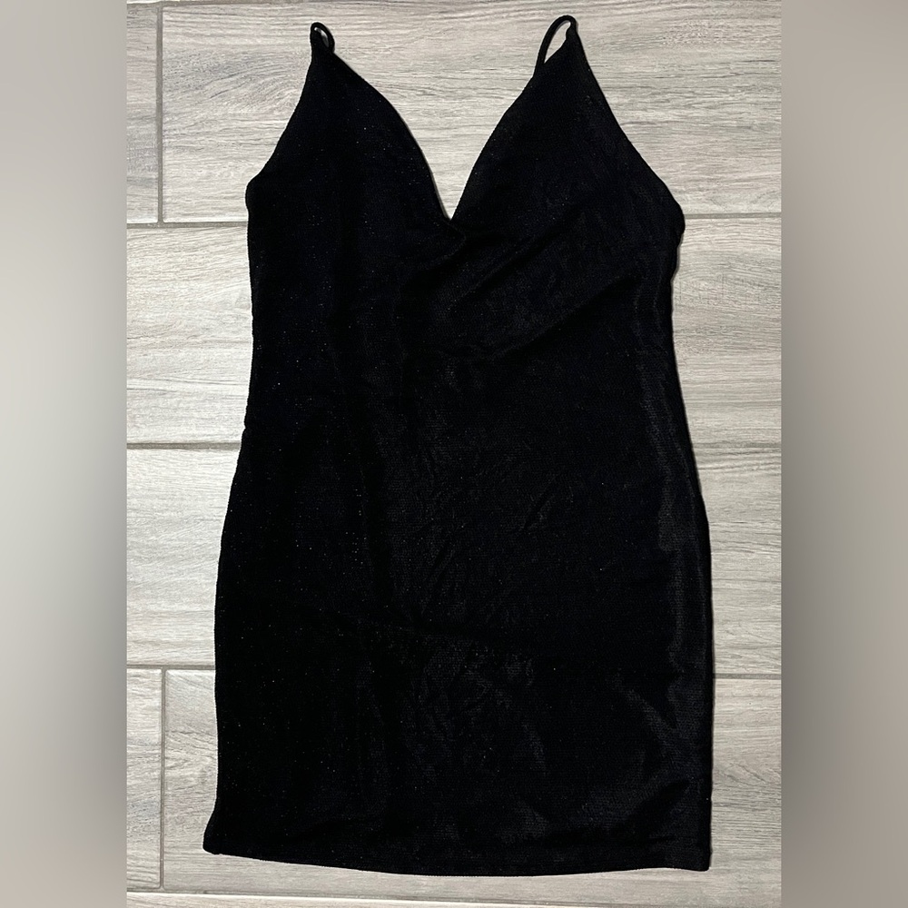 H:ours Youth’s Large Black Glitter Strappy Mini Bodycon Dress